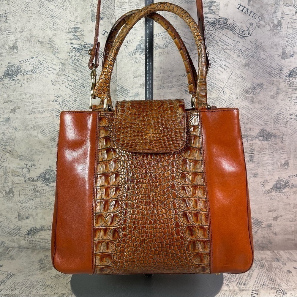 Vintage Brahmin Tuscan Brown Orange Croc Embossed Leather Satchel Crossbody Bag - Picture 2 of 15